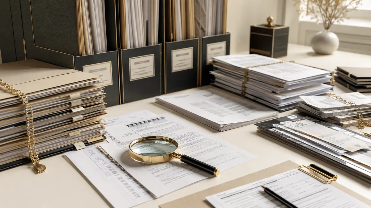 Pastas de documentos contábeis arquivadas, com lupa