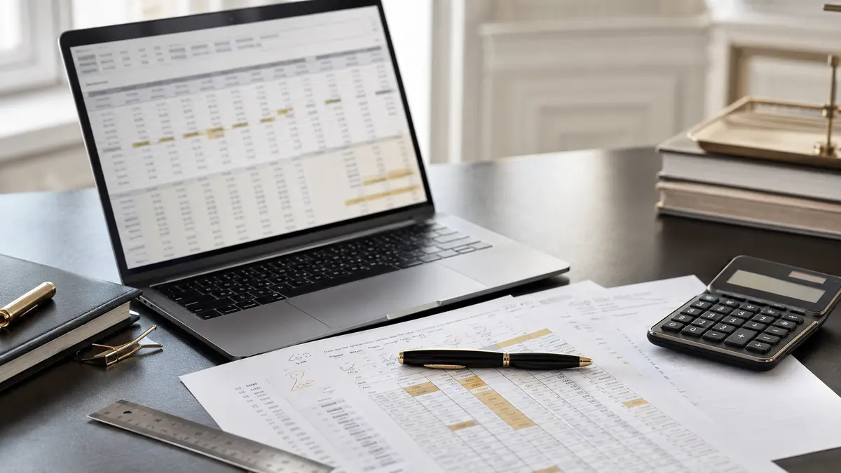 Planilha de cálculo judicial aberta em um notebook